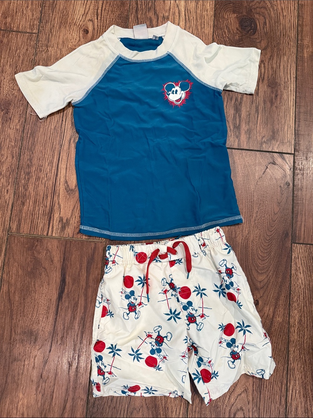 Junk Food Clothing Blue and White Mickey Swim Trunks/Rash Guard with Red Accents